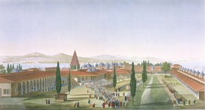 Vista do Pátio Interior do Serralho, Palácio Topkapi, Constantinopla, gravado por Schroeder e Desmaisons, 1815 (aquatint)
